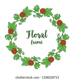 Vector illustration red floral frame with crowd of green leaves hand drawn