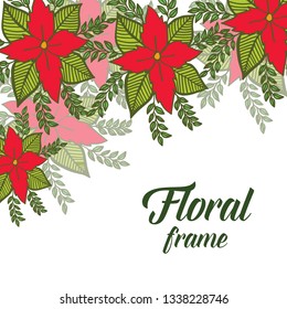 Vector illustration red floral frame blooms with green leaf hand drawn