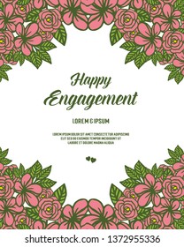 Vector illustration red floral frame with greeting card of happy engagement of hand drawn