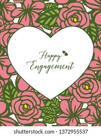 Vector illustration red floral frame with greeting card of happy engagement of hand drawn