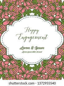 Vector illustration red floral frame with greeting card of happy engagement of hand drawn