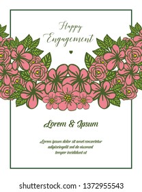 Vector illustration red floral frame with greeting card of happy engagement of hand drawn