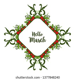 Vector illustration red flower frame with banner hello march hand drawn