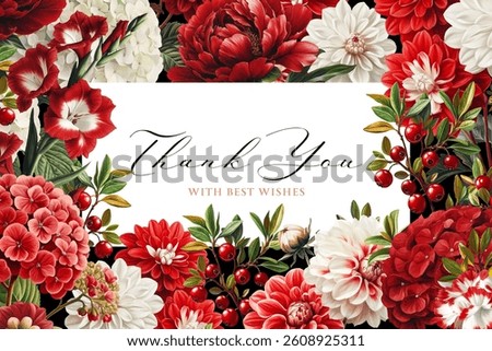 Vector illustration with red flowers and berries isolated on a changeable background. Vintage floral design template for a greeting card, flyer or certificate.