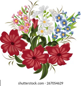 Vector illustration of red flowers, daisies and forget-me-nots in vintage style on a white background.