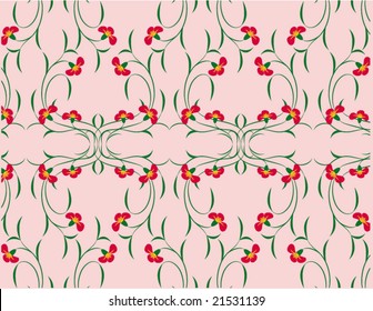 Vector Illustration of red flowers with leafs over  a pink background