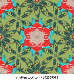 Vector illustration of red flowers. Seamless pattern with flowers on motley background.