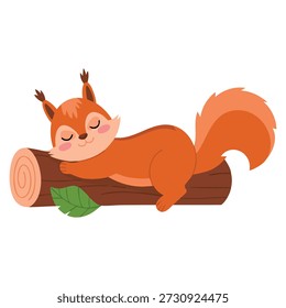Vector illustration of red fluffy squirrel sleeping on log bushy tail ideal for wildlife cute animal forest nature themed decorative artwork