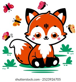 Vector illustration of a red fox with butterflies in a natural setting featuring woodland animals and delicate insects creating a whimsical and peaceful scene ideal for nature-inspired designs