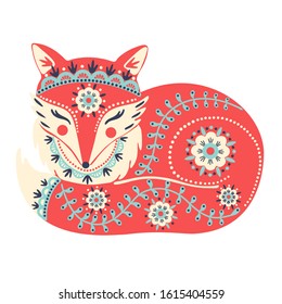 Vector illustration with red fox and flowers in a folk Scandinavian style drawing. Template for design notebook, cards, T-shirt, posters.