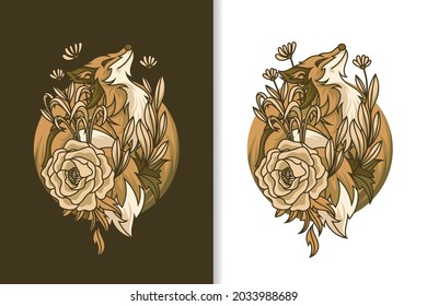 vector illustration of a red fox with flowers and leaves