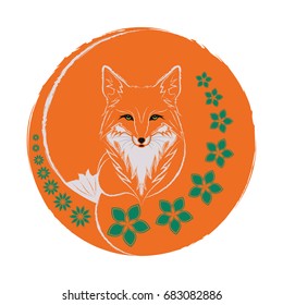 Vector illustration of a red fox with flowers on white background.