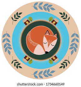 Vector illustration. Red Fox in the hole. Sleeping in the autumn. Village in the forest.