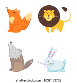 Vector illustration of red fox, yellow lion with lush mane, howling wolf, cute white rabbit isolated on whitey. Training colorful typography. Set for children four beasts teaching color images.