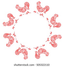 Vector illustration of a red frame with roosters