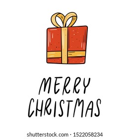 Vector illustration of a red gift box with yellow ribbon bow and hand drawn lettering of Merry Christmas - Cartoon style isolated on white - Simple design for invitation, greeting card