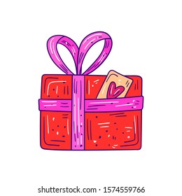 Vector illustration of a red gift box with tag, ribbon and bow - Hand drawn isolated object in romantic style on white background - Design for St Valentine's day