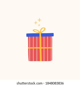 Vector illustration of red gift box with ribbon and sparkles. 