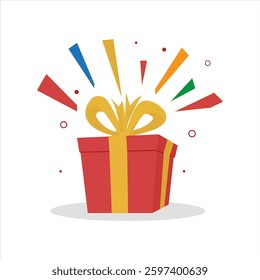 Vector illustration of a red gift box with a golden ribbon, surrounded by colorful celebratory elements. Perfect for birthday designs, holiday cards, promotions, and festive event decorations
