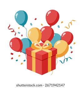 Ilustração vetorial de uma caixa de presente vermelha decorada com balões, fitas e confetes festivos. Ótimo para aniversários, comemoração e cumprimentos de festas.