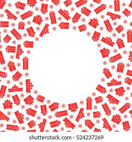 Vector illustration of red gift box and snowflake around white circle. Christmas background, greeting card for New Year with copy space