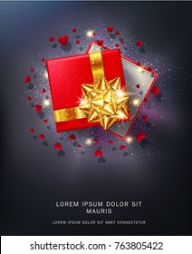 Ilustración vectorial. Caja de regalo roja con un arco dorado con chispas y corazones. Objeto 3d realista. Elemento para el diseño de una tarjeta de saludo para el Día de San Valentín, Año Nuevo, Navidad.