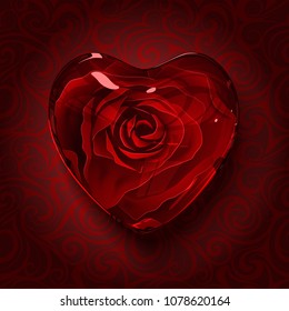 Vector illustration. Red glass heart with rose inside on curly abstract background