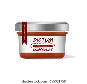 Vector illustration red glass jar for baby food realistic bank on white background. Organic baby food puree. Mock up with template design label.