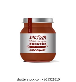 Vector illustration red glass jar for baby food realistic bank on white background. Organic baby food puree. Mock up with template design label.