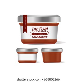 Vector illustration red glass jar for baby food realistic bank on white background. Organic baby food puree. Mock up with template design label.