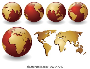 Vector illustration of red globes with golden continents