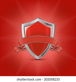 Vector illustration of red glossy shield with ribbon on red background. Protection concept