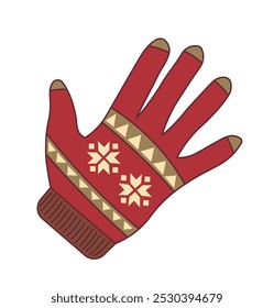 Vector illustration of a red glove featuring a snowflake and geometric pattern, isolated on a white background. Ideal for winter designs and Christmas themes.