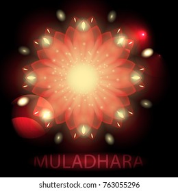 Vector illustration of red glow mandala flower. 1th Chakra Muladhara with bright ligths for tribal design, spa, yoga, meditation centre logo, emblem, card, greeting. EPS 10
