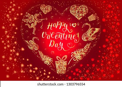 Vector illustration in red and gold colors. Set of ornament for Valentine's Day. Lettering, Cupid, hearts, feathers, gift, swans. Image for your design and decor: greeting card, poster, banner.