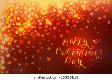 Vector illustration in red and gold colors. Background from hearts and lettering Happy Valentine's Day. Festive background for your design: greeting card, poster, banner, invitation for wedding.