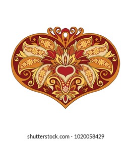 Vector illustration of a red gold heart decorated with ornaments in vintage style. St. Valentine's Day