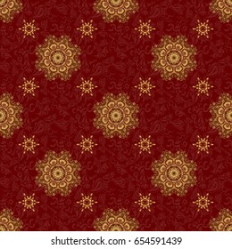 Vector illustration. Red and gold seamless pattern. Shiny backdrop. Polka dots, confetti. Abstract geometric modern background. Texture of gold foil. Art deco style.