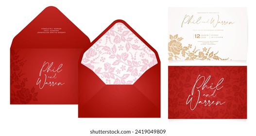 vector illustration red and gold wedding invitation envelope set with a floral flower rose design for Stationery, Layouts, collages, scene design, event flyer, Holiday celebration cards paper printing