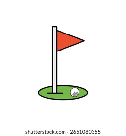 Vector illustration of a red golf flag on a white pole, marking a hole on green grass, with a golf ball nearby. Perfect for golf-themed designs.