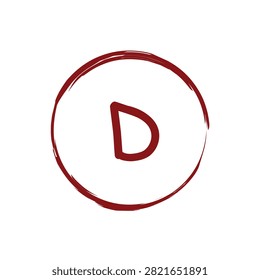 Vector Illustration. Red grade D letter score encircled in a brush stroke frame isolated on white background, suitable for illustrating below-average exam results, student warnings, and test evaluation designs.