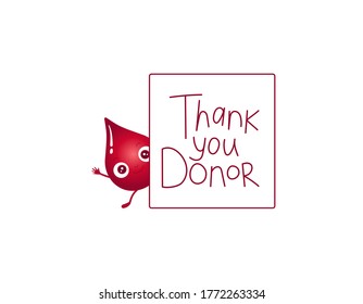 Ilustración vectorial del personaje de gota de sangre de gradiente rojo parado detrás del tablero Gracias Donador (o puede escribir su propio texto). Concepto de donación de sangre. Diseño para banner, tarjetas y otros.