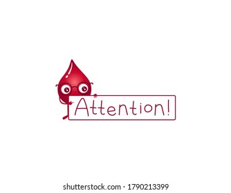 Ilustración vectorial del personaje de gota de sangre de gradiente rojo con gafas y sosteniendo un cartel de atención (o usted puede escribir su propio texto).