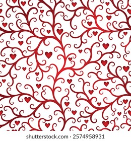 Vector illustration of red gradient valentine vintage curls with hearts seamless pattern. Floral organic background. For textiles, wallpaper and packaging. Transparent background