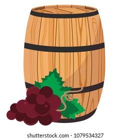 Vector illustration red grapes on wooden barrel with wine isolated on white
