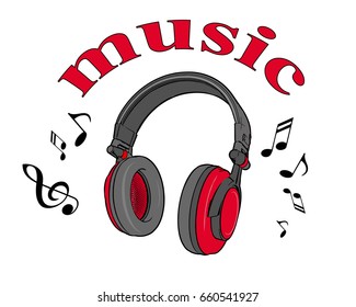 Vector illustration of a red gray headphones on a white background and an inscription music.