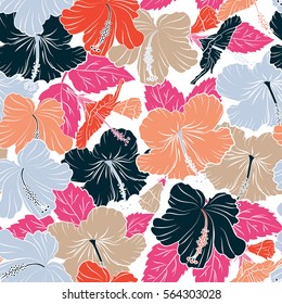 Vector illustration in red, gray and pink colors on a white background. Tropical flower, hibiscus pattern.