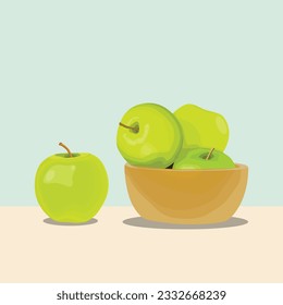 Vector illustration of red or green apple in flat design isolated, farming, harvest or serving concept, basket or bowl with fruits and big red or green apples near it, harvest infographic elements.