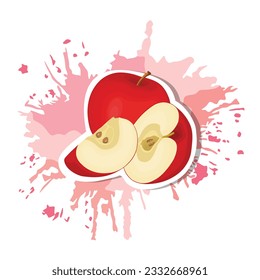 Vector illustration. Red or green apple with stem and leaf. Healthy vegan food. Cartoon sticker in flat style with splash. Decoration for greeting cards, posters, patches, prints for clothes, emblems