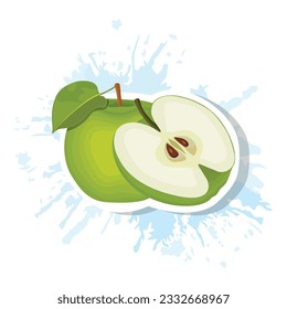 Vector illustration. Red or green apple with stem and leaf. Healthy vegan food. Cartoon sticker in flat style with splash. Decoration for greeting cards, posters, patches, prints for clothes, emblems